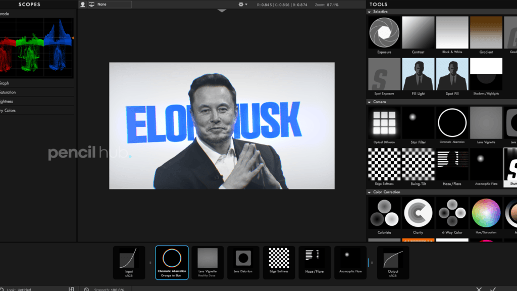 Professional color grading interface with vibrant color wheels and video preview